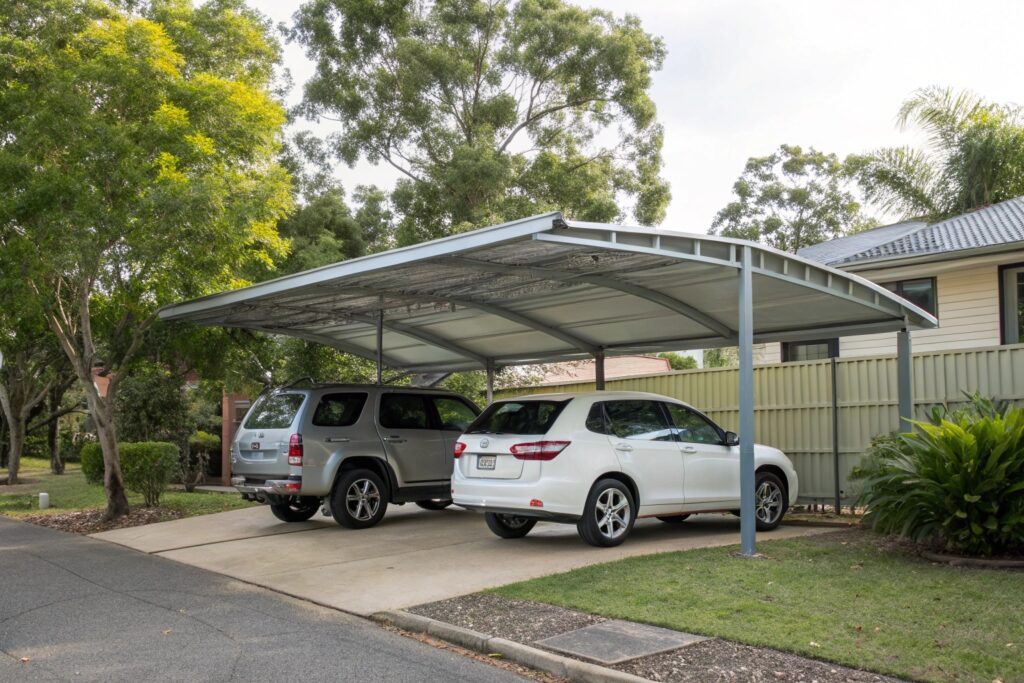 Double carport with clean lines and steel roofing in a Railway Estate street