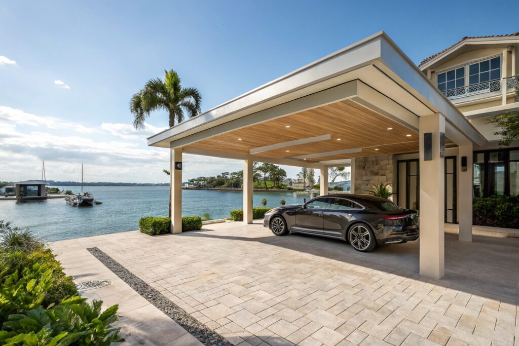 Architectural carport blending seamlessly with a million-dollar Belgian Gardens home