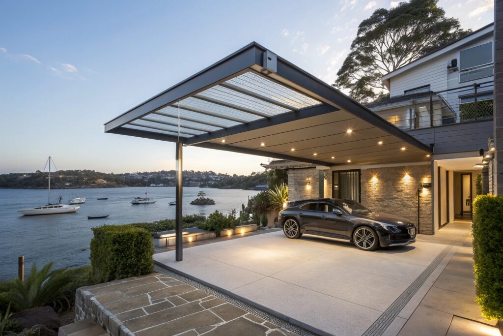Elegant modern carport attached to a luxury waterfront home in Belgian Gardens