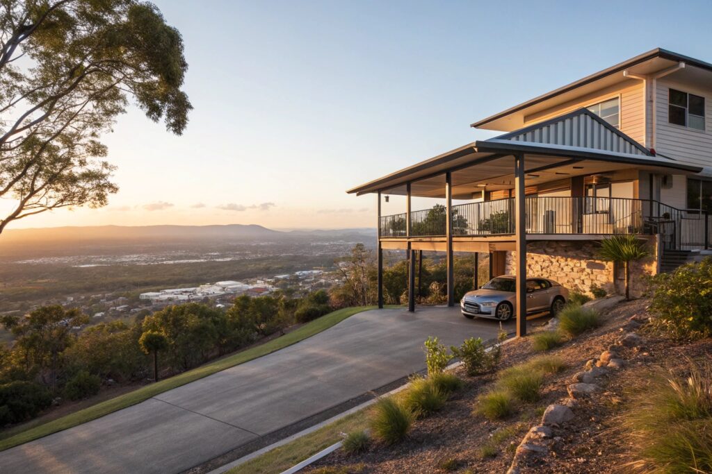 Elevated Castle Hill home with a stepped carport following the natural slope