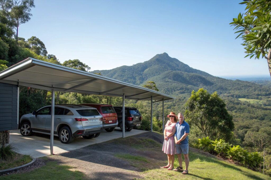 Family standing beside their newly installed slope-designed carport in Castle Hill