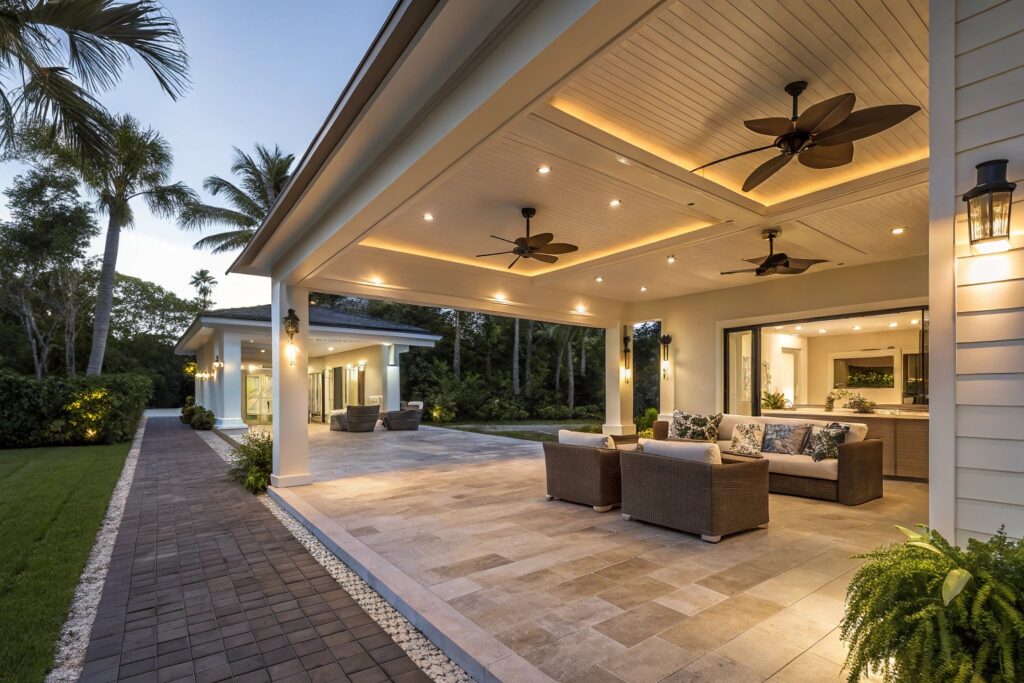 Belgian Gardens carport with integrated ceiling fans and LED lighting