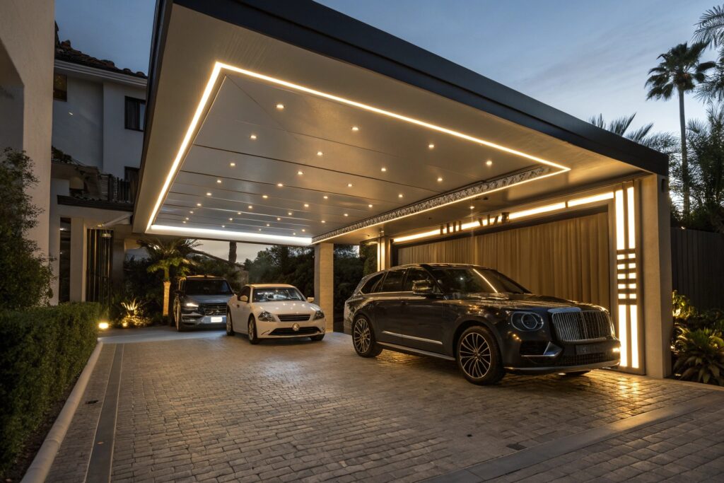 Modern Rowes Bay carport with integrated lighting and ceiling fans
