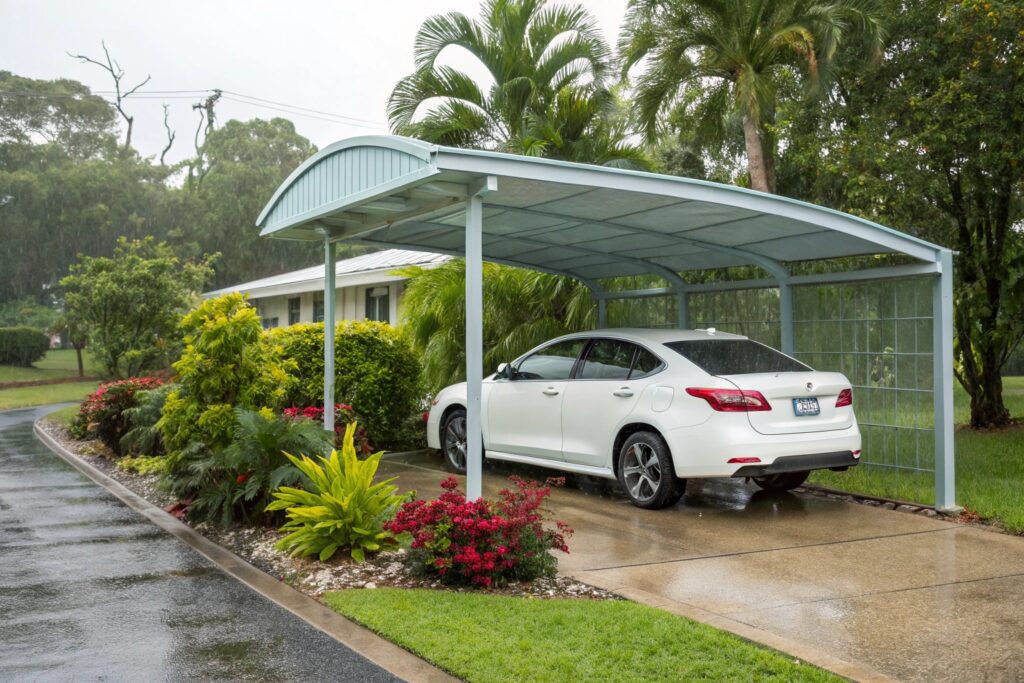 Modern COLORBOND steel carport shielding a white car outside a Railway Estate home