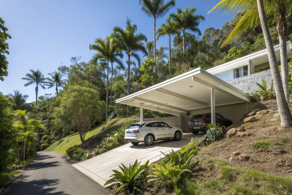 Modern white carport built on a sloped Castle Hill driveway, sheltering two vehicles