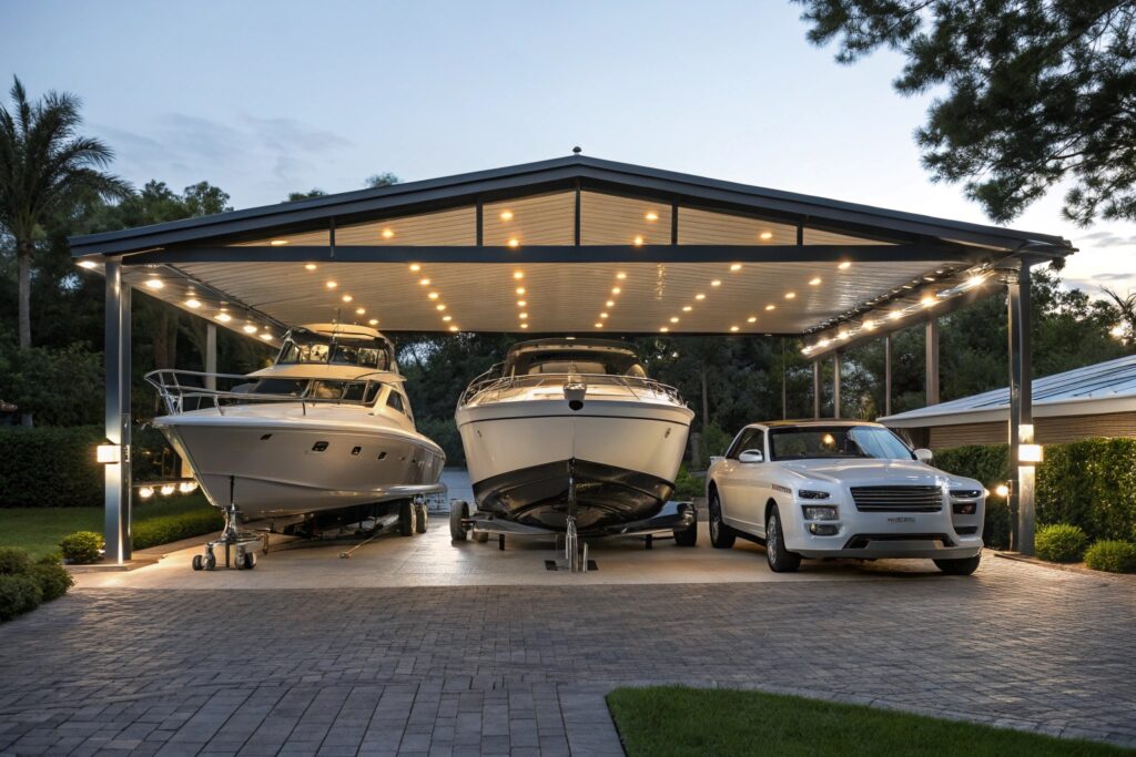Multi-vehicle carport in Belgian Gardens sheltering boats and luxury cars