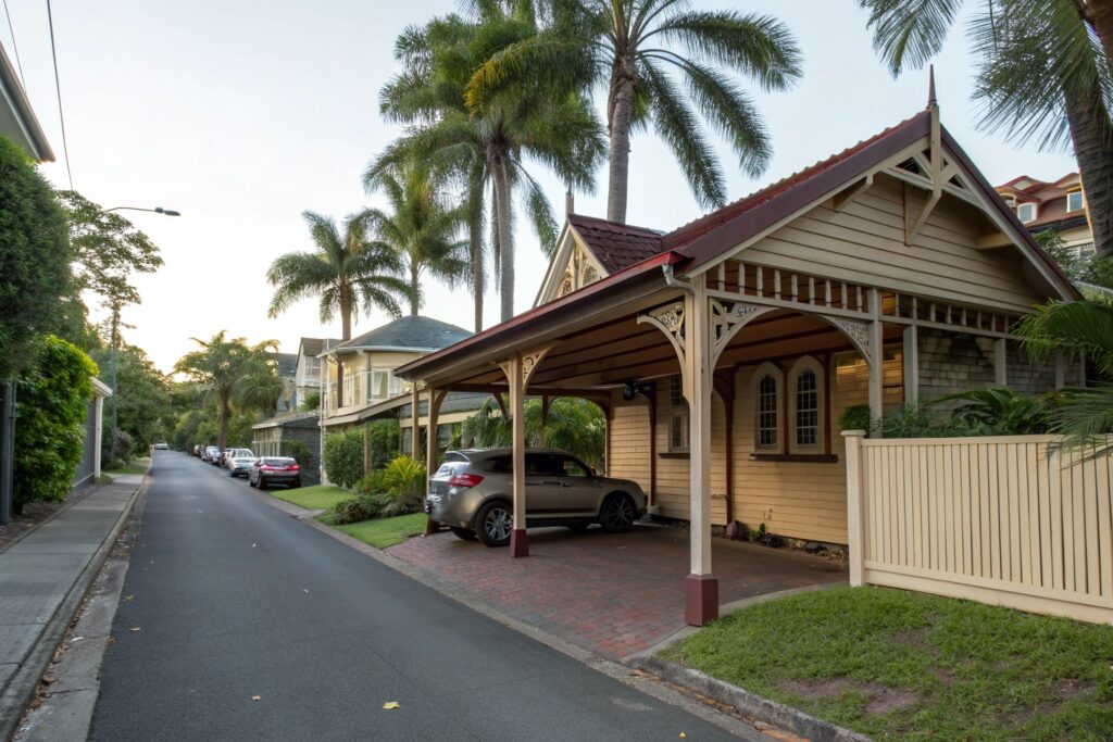 Single-car carport with heritage timber detailing at a Railway Estate federation home